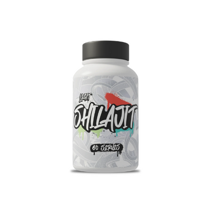 A container of Legit Shilajit brand dietary supplement, with a label featuring a stylized, colorful design that includes the product name and a graphic of a mountain range.