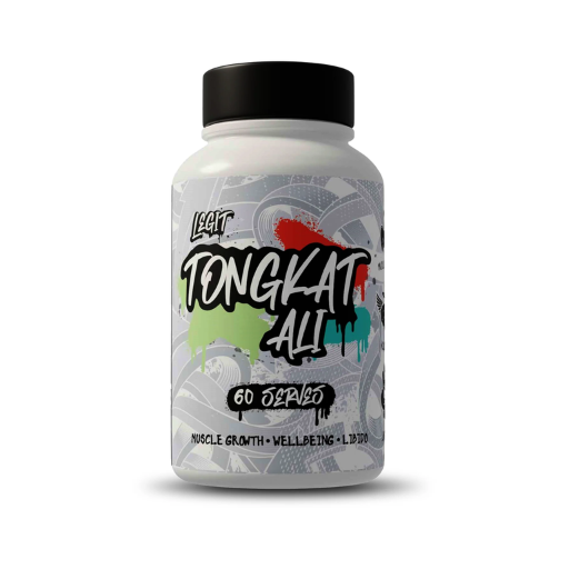 A container of Legit Tongkat Ali supplement with a label featuring a graffiti-style design in various colors on a white background, with the product name and benefits listed.