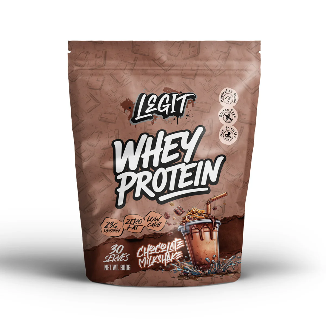 A stand-up pouch of Legit Whey Protein Chocolate Milkshake flavor, featuring a brown design with white and black text and an illustration of a chocolate shake on a white background