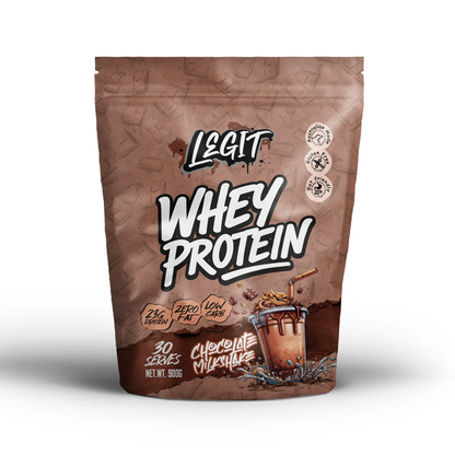 A stand-up pouch of Legit Whey Protein Chocolate Milkshake flavor, featuring a brown design with white and black text and an illustration of a chocolate shake on a white background