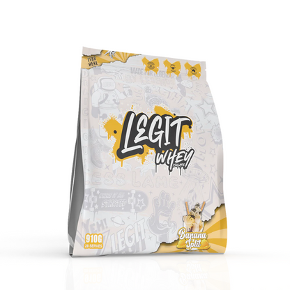 A sealed pouch of LEGIT WHEY ISOLATE protein powder with the branding and flavor visible on the packaging.