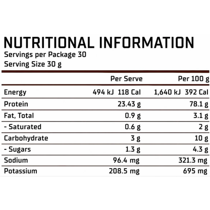 Nutritional information label for a Legit Whey Protein showing energy, protein, fat, saturated fat, carbohydrate, sugars, sodium, and potassium per serve and per 100 g on a white background.