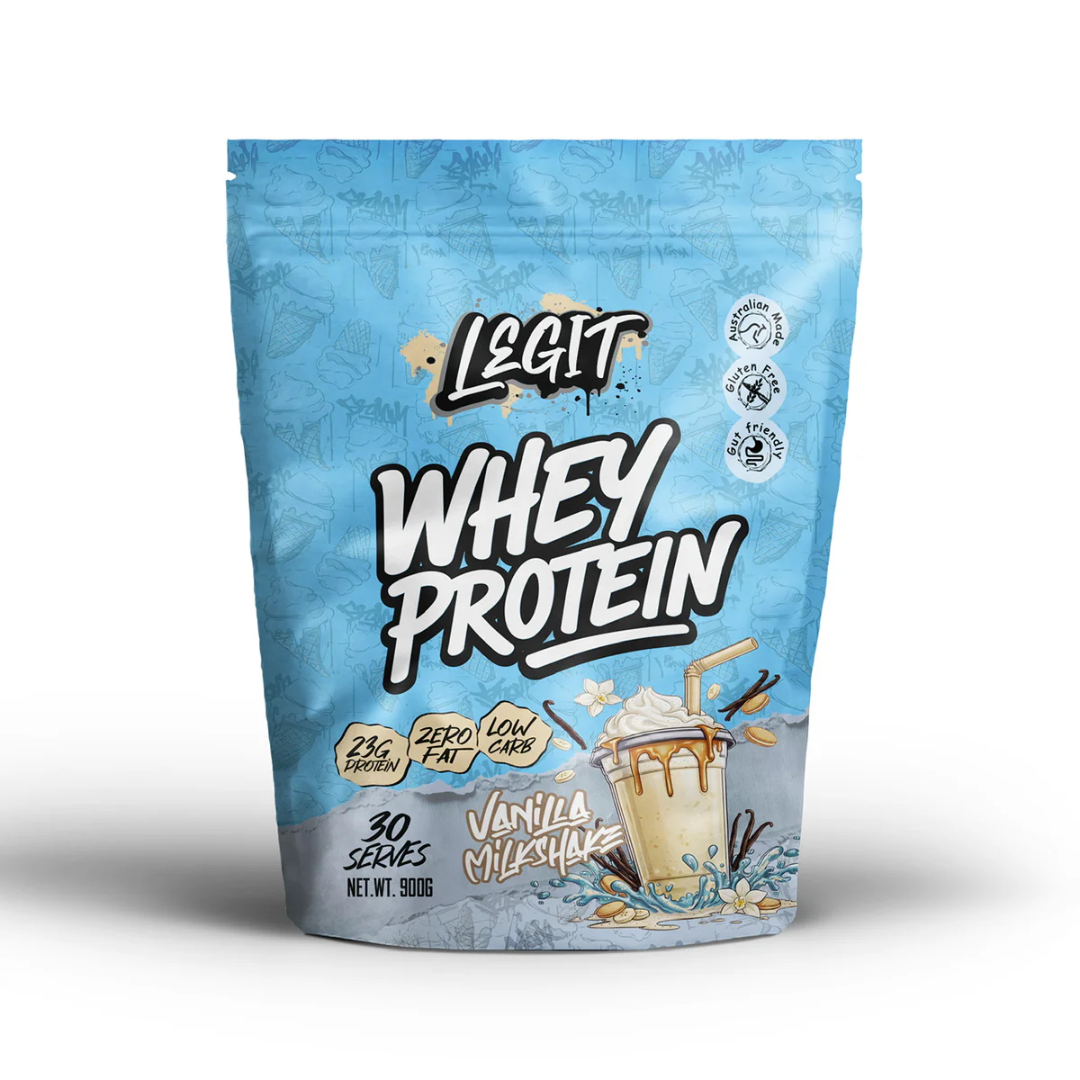 Legit whey protein package with blue background and vanilla milkshake illustration