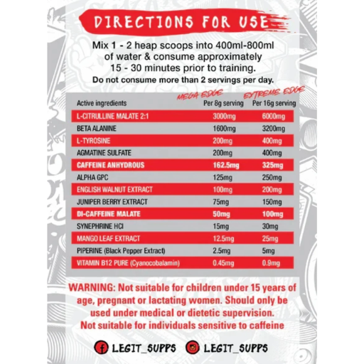 A product information card for LEGIT SUPPS Caffeine Anhydrous powder, showing a detailed ingredients table with red and black text on a white background with gray decorative borders.