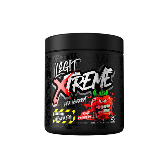 Black supplement container labeled 'Legit Xtreme' preworkout with colorful graphics on a white background