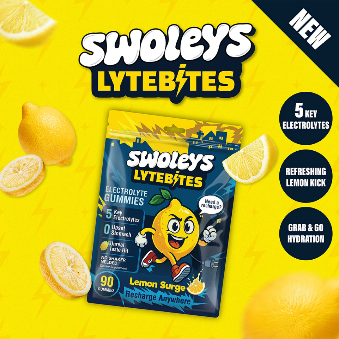 Swoley's LyteBites electrolyte gummies package with lemon slices on a yellow background