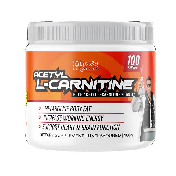 A container of MAX'S LAB SERIES ACETYL L-CARNITINE, with the label indicating '100 servings', 'Pure Acetyl L-Carnitine Powder', and other product benefits such as 'Metabolism', 'Body Fat', and 'Energy'. The container is white with a red and orange design and a man in a lab coat is pictured on the front.