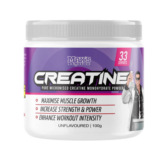 A container of MAX'S Creatine Monohydrate, labeled as 3g, with the flavor 'Unflavoured' indicated, designed for enhancing workout intensity.