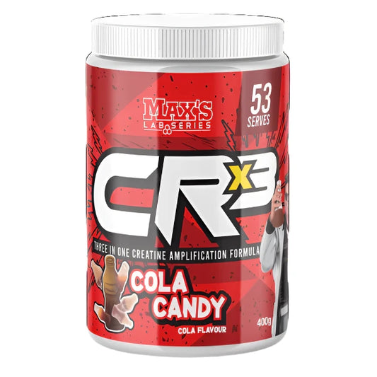 A container of MAX'S Creatine CRx3, which is a powdered supplement labeled as 'Creatine Amplification Formula' with 'Cola Flavour'. The container is red with white and black text, and it is labeled as 'Three in One Formula' and '53 Servings'.
