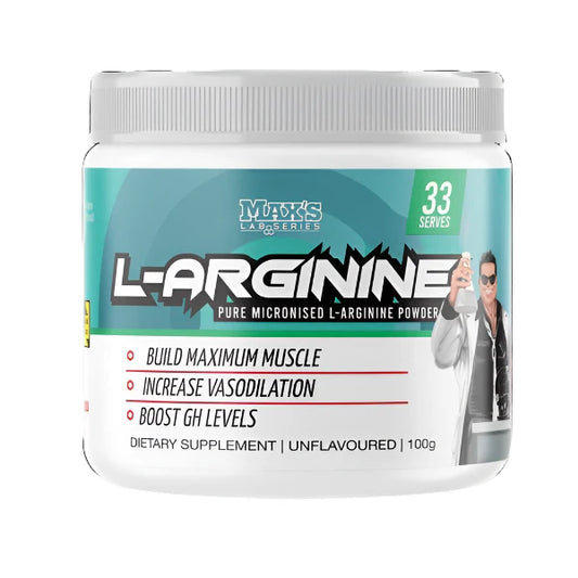 A container of Max's L-Arginine, a dietary supplement by Mark's Labs, with the label showing 30 servings, pure micronised L-Arginine powder, and benefits such as boosting maximum muscle, increasing vasodilation, and enhancing GH levels.
