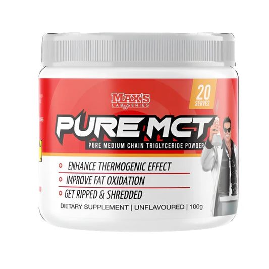 A container of MAX'S Pure MCT dietary supplement with red, white, and yellow label, featuring an image of a shredded man and text highlighting the product's benefits such as enhancing thermogenic effect and improving fat oxidation.