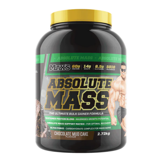 A container of MAX'S Absolute MASS, which is a protein supplement designed for muscle gain, featuring a black label with green and yellow accents and a picture of a shirtless man on the front.