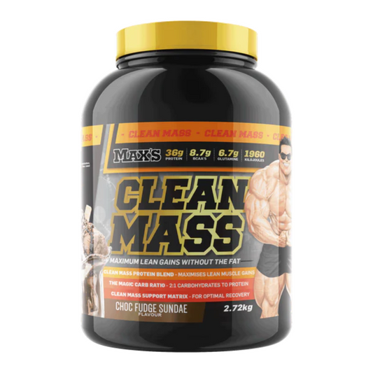A container of MAX'S Clean MASS protein powder in Chocolate Delight flavor, with a focus on lean mass gains without fat.
