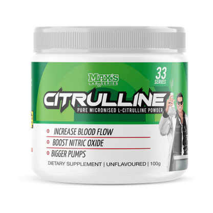 A container of Max's Lab Series Citrulline, which is pure micronised L-Citrulline powder. The container is white with a green and red label, and it is labeled as 'Unflavored'.