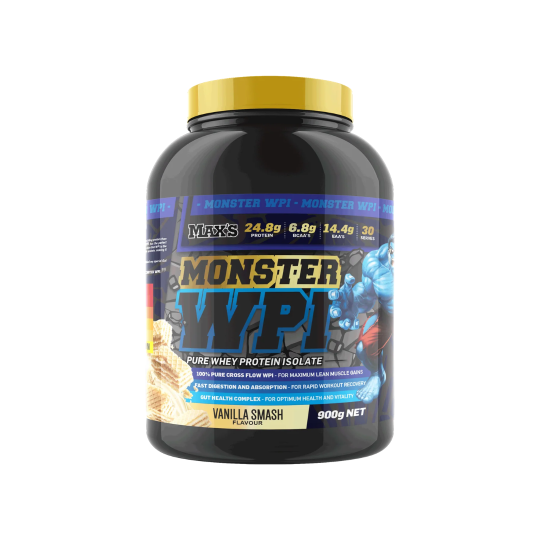 Max's Monster WPI protein powder container on a white background