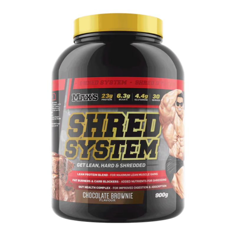 A container of MAX'S Shred System protein powder in chocolate brown flavor, with a label featuring a muscular man and the text 'GET LEAN HARD SHERED'.