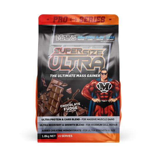 Super Size Ultra mass gainer supplement package on a white background