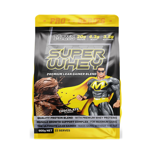 Super Whey protein supplement package with a superhero design on a white background