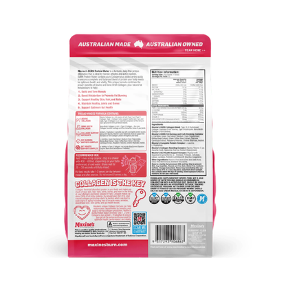 Back view of a Maxines Burn Collagen & Joint Support dog supplement bag, showing the ingredients, nutrition facts, and product details on a white background.