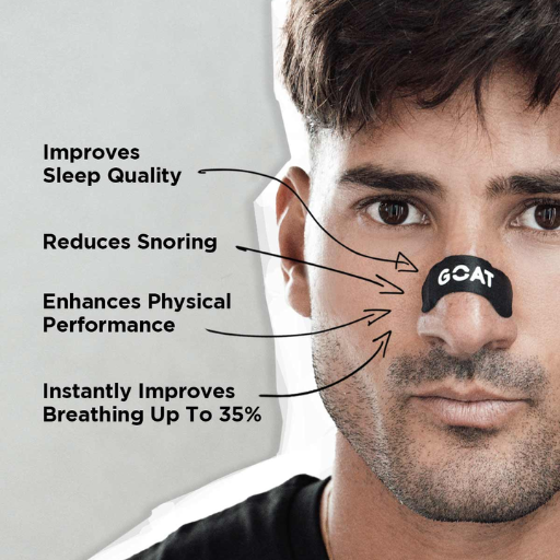 Man wearing a black nasal device with text highlighting its benefits on a gray background
