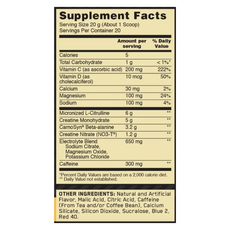 Label of Optimum Nutrition pre-workout supplement, detailing nutritional facts and ingredients such as caffeine, vitamin C, beta-alanine, and creatine.