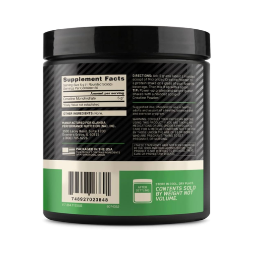 A black plastic tub of a dietary supplement with a black lid, showing the back label with supplement facts, directions, barcode, and a green storage note on a white background.