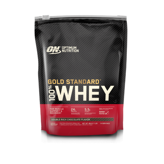Optimum Nutrition Gold Standard 100% Whey protein powder package on a white background