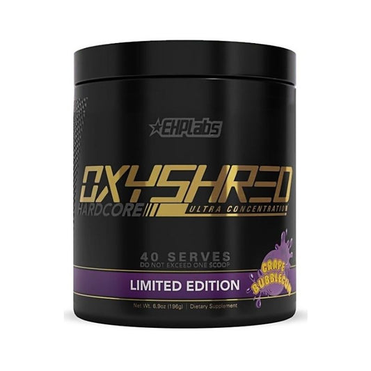 A black tub of EHLabs Oxyshred Hardcore Ultra Concentration dietary supplement, Limited Edition Grape Rubbish flavor, on a white background.