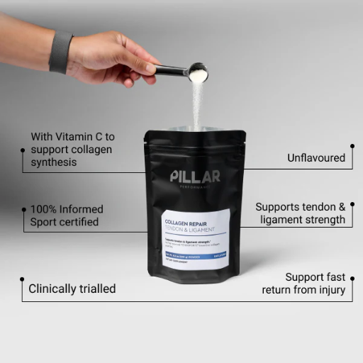 PILLAR supplement packaging with a hand measuring out powder
