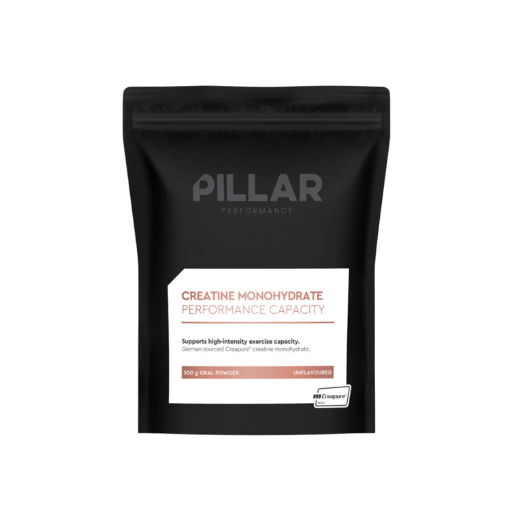 A black package of Pillar Performance Creatine Monohydrate with a white label displaying the product name and additional information.