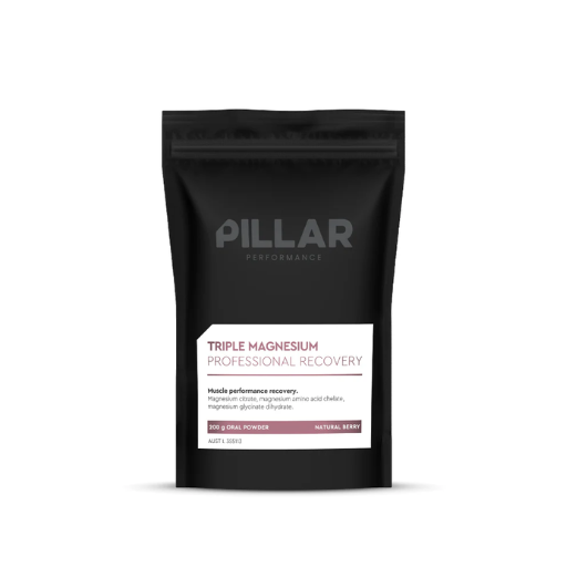 A black pouch of Pillar brand Triple Magnesium Professional Recovery powder with a white label displaying product information.