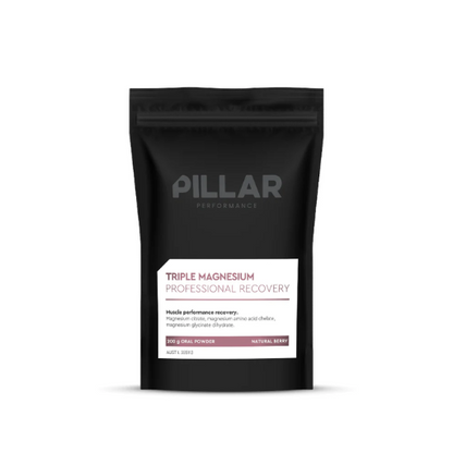 A black pouch of Pillar brand Triple Magnesium Professional Recovery powder with a white label displaying product information.