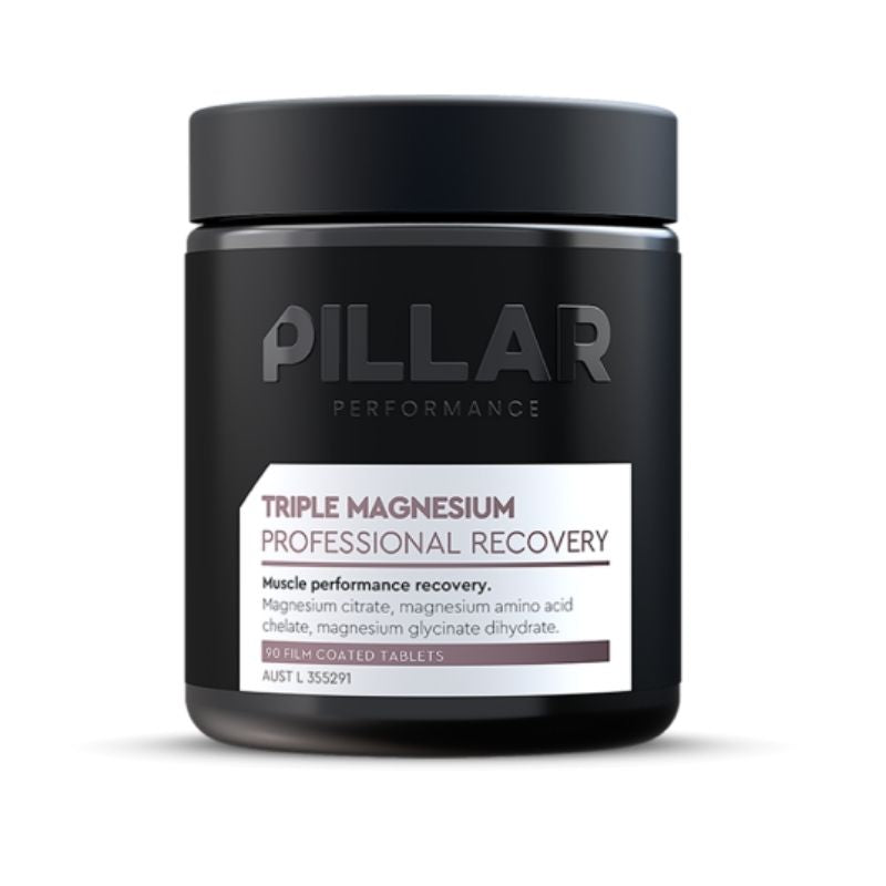 A black container of supplements labeled 'PILLAR Performance TRIPLE MAGNESIUM PROFESSIONAL RECOVERY' with a white and silver label displaying the product information.