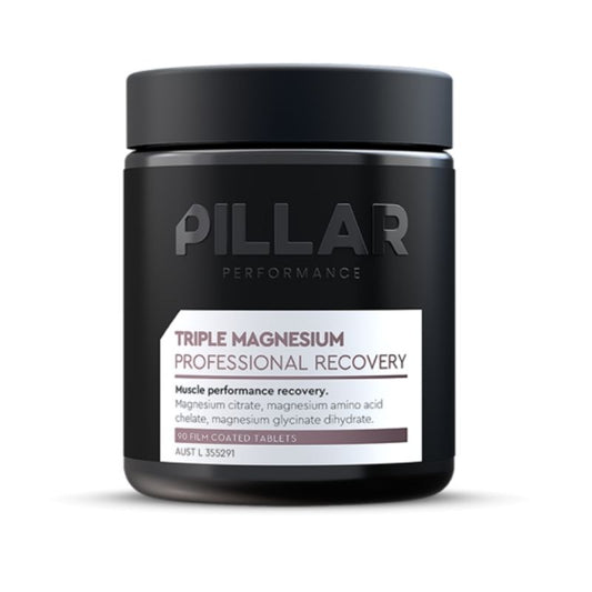 A black container of supplements labeled 'PILLAR Performance TRIPLE MAGNESIUM PROFESSIONAL RECOVERY' with a white and silver label displaying the product information.