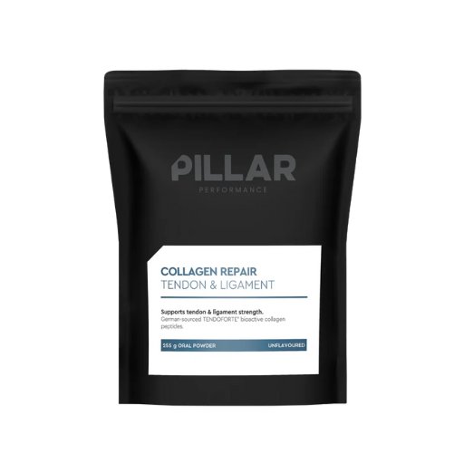 Black package of Pillar Performance Collagen Repair with a white label on a white background
