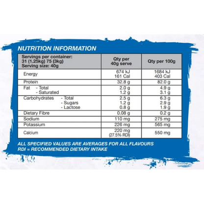 Nutrition information label for a product, showing serving size 40g and quantities per 100g for energy, protein, fat, carbohydrates, dietary fibre, sodium, potassium, and calcium. The label has a white background with blue text and a blue painter-style border.