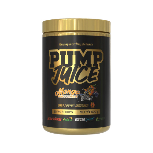 Supplement container labeled 'Pump Juice' with gold and black design on a white background