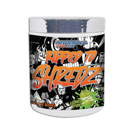 A container of 'Ripped to Shredz' weight loss supplement powder with a colorful graphic design featuring characters and text.