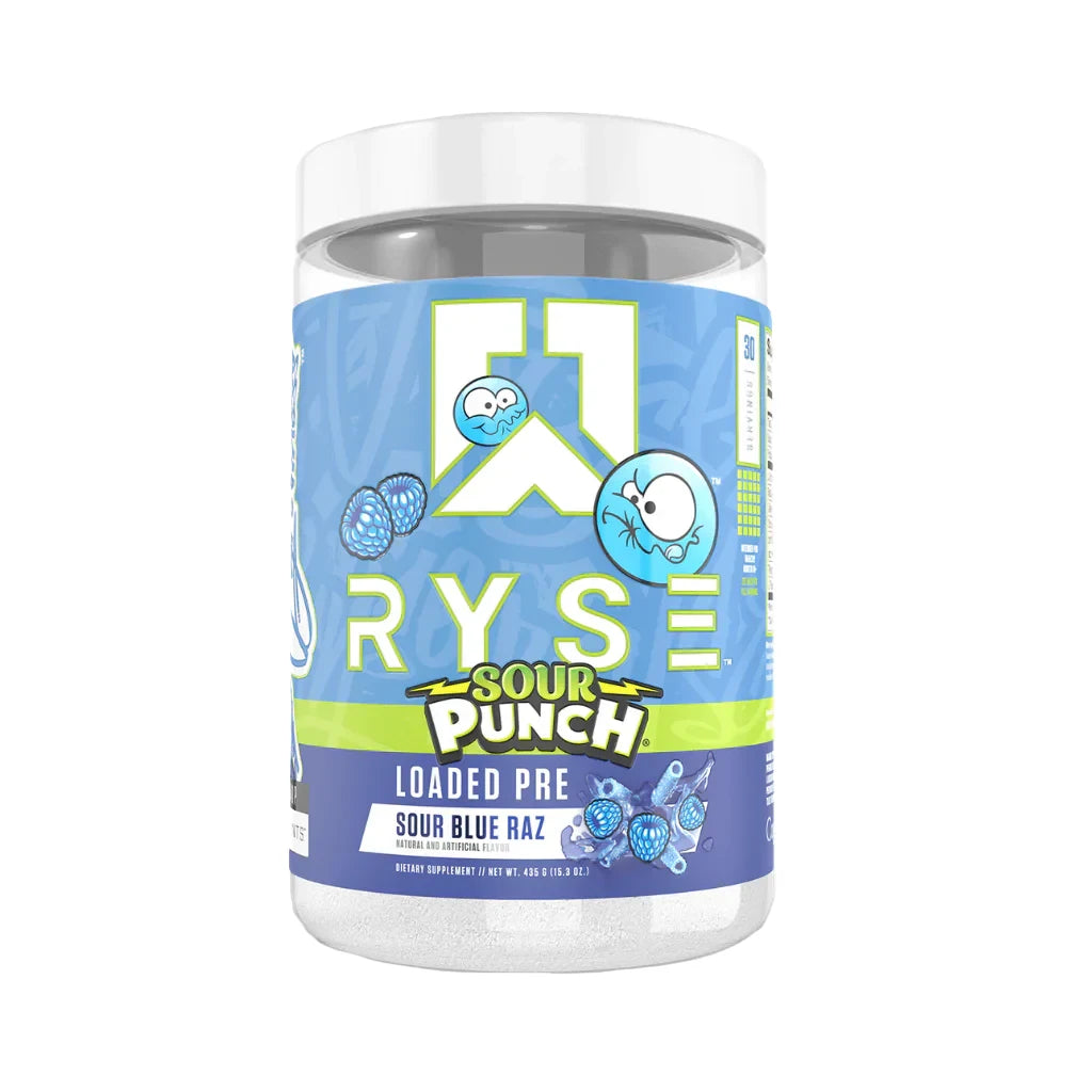A container of Ryse Loaded Pre Workout, with a blue and green label featuring the brand's logo and the product name.