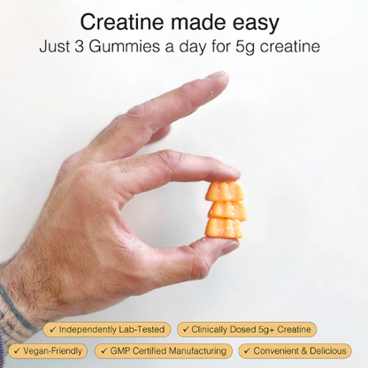 Hand holding a stack of creatine gummies with promotional text on a white background