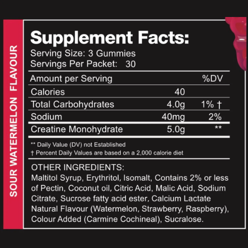 Supplement facts label for gummies with sour watermelon flavor on a black background.