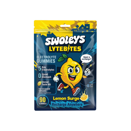 Swoley's LyteBites electrolyte gummies packaging with lemon character on a white background