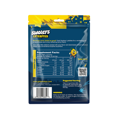 Swoleys Lytebites supplement package with blue and yellow design displaying nutritional lebel. 

