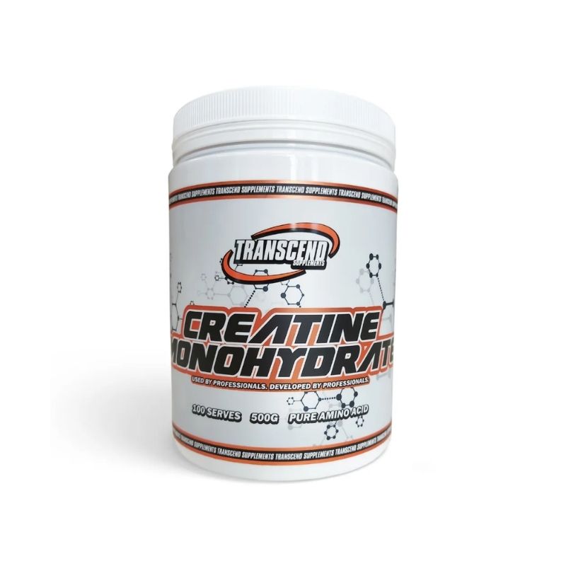 A container of Transcend Supplements Creatine Monohydrate, with the label showing the product name and a brief description.