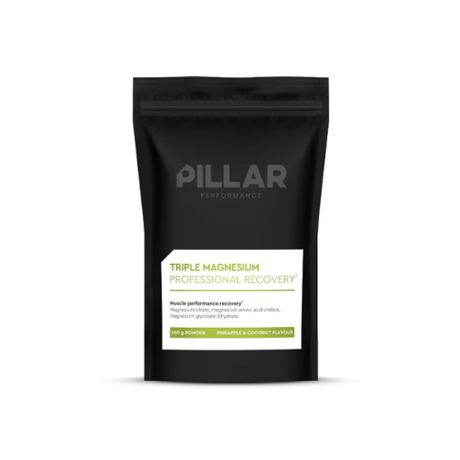 A black pouch of Pillar Performance's Triple Magnesium Professional Recovery powder with a white and green label.
