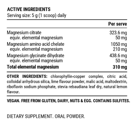 A black and white supplement facts label showing active ingredients and per serve magnesium content for a dietary supplement oral powder.