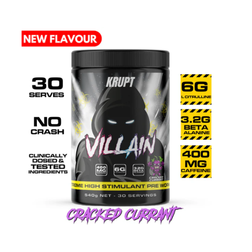 Krupt Villain pre-workout supplement container with nutritional information on a white background