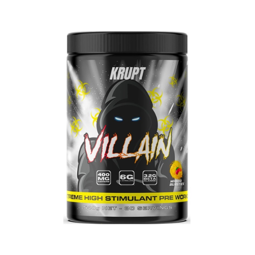 Krupt Villain pre-workout supplement container on a white background