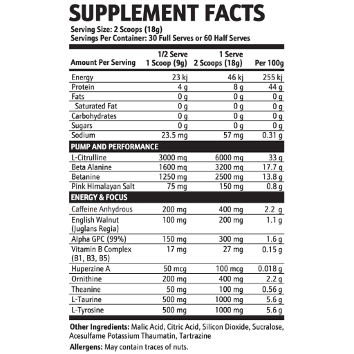 Supplement facts label with detailed nutritional information on a white background for Krupt Villain Preworkout. 