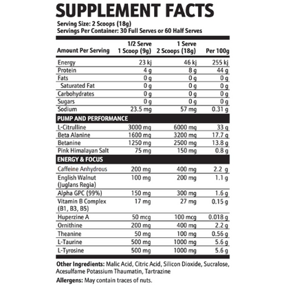 Supplement facts label with detailed nutritional information on a white background for Krupt Villain Preworkout. 